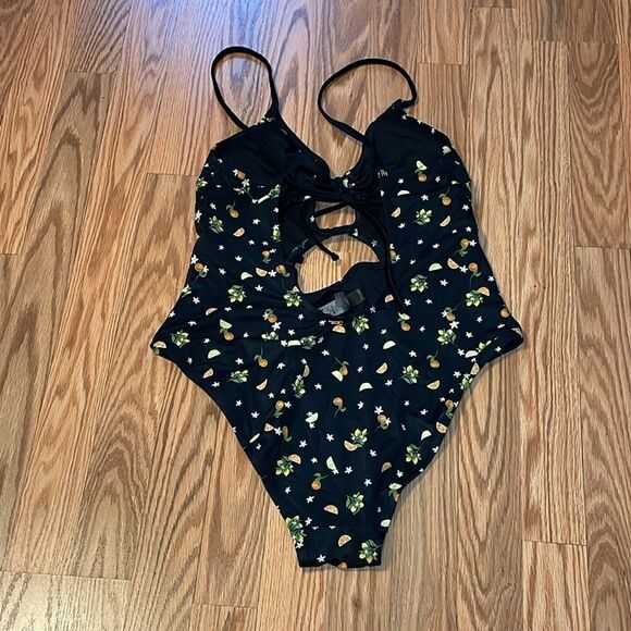 PINK Swimsuit, black, oranges, lemons, blossoms, One Piece, Strappy, sexy, Large - Picture 3 of 6